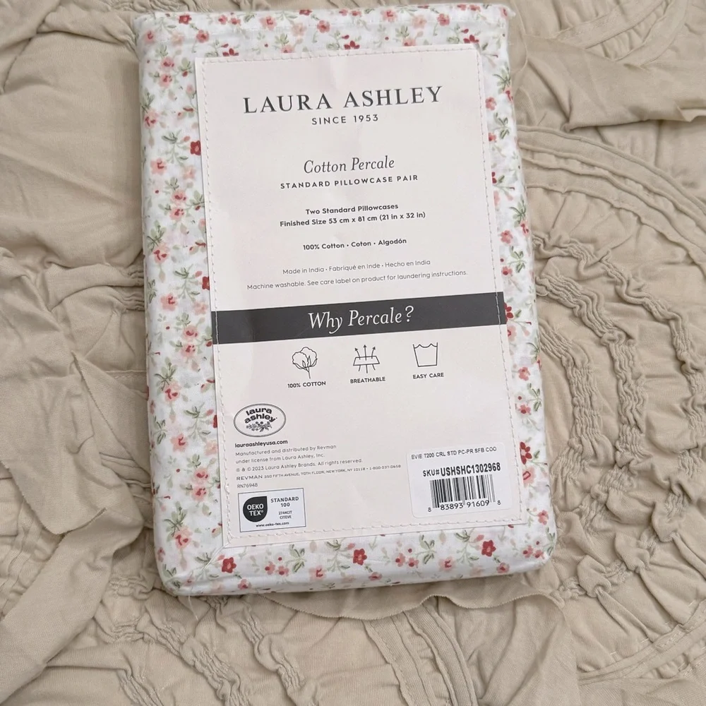 LAURA ASHLEY  Cotton Percale STANDARD PILLOWCASE PAIR